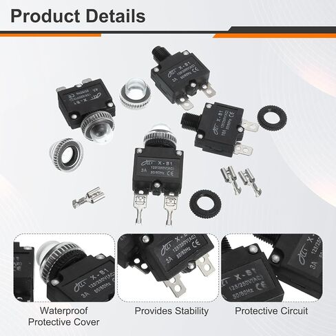 MECCANIXITY 5PCS 10A Thermal Circuit Breakers, 125/250V AC,32V DC Manual Reset Push Button Overload Protector Circuit Breaker with Waterproof Button Caps Quick Connector Terminals, X-B1 in Saudi Arabia