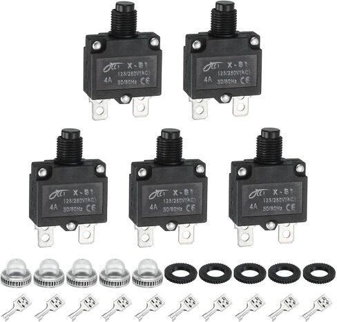 MECCANIXITY 5PCS 10A Thermal Circuit Breakers, 125/250V AC,32V DC Manual Reset Push Button Overload Protector Circuit Breaker with Waterproof Button Caps Quick Connector Terminals, X-B1 in Saudi Arabia
