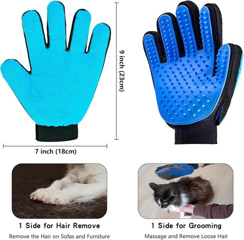 VCZONE 2 in 1 Cat Grooming Glove, Double-Sided Use Pet Hair Remover Glove, 1 Side is Gentle Grooming for Dogs, Cats, The Other is Effective Hair Remover for Furniture, Clothing (Blue, Right-Hand) in Kuwait
