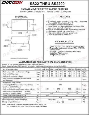 (حزمة من 100 قطعة) Chanzon SS26 SMD Schottky Barrier Diodes 2A 60V SMA (DO-214AC) 2 أمبير 60 فولت in Saudi Arabia