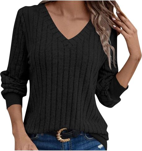 V Neck Knitted Long Sleeve T-Shirt Tops for Women Casual Rib Knit Blouses Dressy Fall Outfits Sweaters in Saudi Arabia