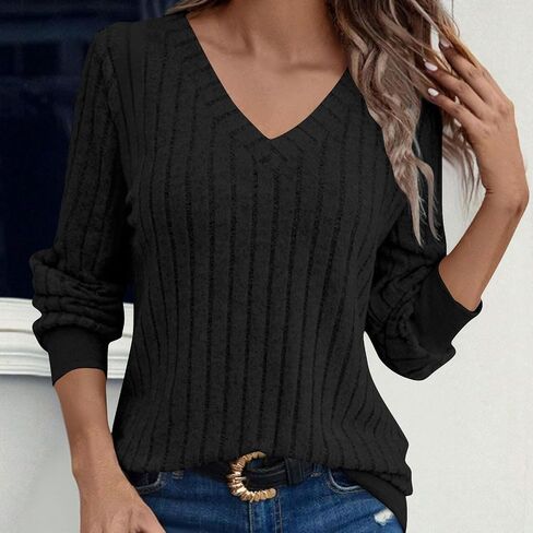 V Neck Knitted Long Sleeve T-Shirt Tops for Women Casual Rib Knit Blouses Dressy Fall Outfits Sweaters in Saudi Arabia