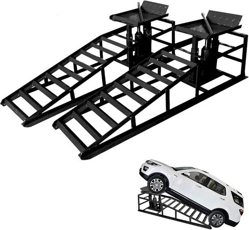 سلالم للسيارات الهيدروليكية السوداء 5T-سلالم خدمة السيارات الثقيلة للتغيرات في الزيت ، منحدرات السيارة المنخفضة لاستخدام المرآب ، مع أخاديد السلامة المضادة للانزلاق والتخزين القابل للتكديس in Kuwait
