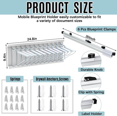Estune Blue Print Organizer Mobile Blueprint Storage Rack مع 6 منظم ملفات حائط الحائط لعقد ما يصل إلى 1200 مخططات عرض ملفات المواقع الموظفة المواقع Office Home (24 بوصة) in Saudi Arabia