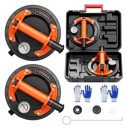 8" Heavy Duty Glass Suction Cups 2 Pack with Pressure Gauge for Lifting Large Tile, Marble, Windows, 880 lbs Load Capacity, Industrial Vacuum Lifter with Handle, Carrying Case, Gloves, Black in Kuwait