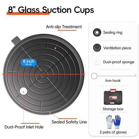 8" Heavy Duty Glass Suction Cups 2 Pack with Pressure Gauge for Lifting Large Tile, Marble, Windows, 880 lbs Load Capacity, Industrial Vacuum Lifter with Handle, Carrying Case, Gloves, Black in Kuwait