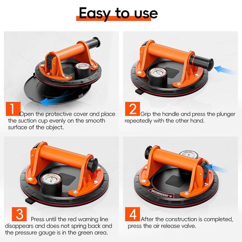 8" Heavy Duty Glass Suction Cups 2 Pack with Pressure Gauge for Lifting Large Tile, Marble, Windows, 880 lbs Load Capacity, Industrial Vacuum Lifter with Handle, Carrying Case, Gloves, Black in Kuwait