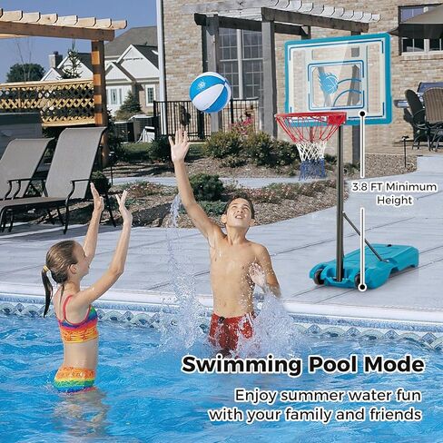 GYMAX Pool Basketball Hoop, Height Adjustable Swimming Pool Basketball Hoop Poolside with Fillable Base & Built-in Wheels for Kids Teens Adults in Saudi Arabia
