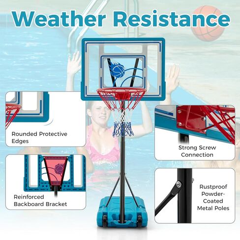 GYMAX Pool Basketball Hoop, Height Adjustable Swimming Pool Basketball Hoop Poolside with Fillable Base & Built-in Wheels for Kids Teens Adults in Saudi Arabia