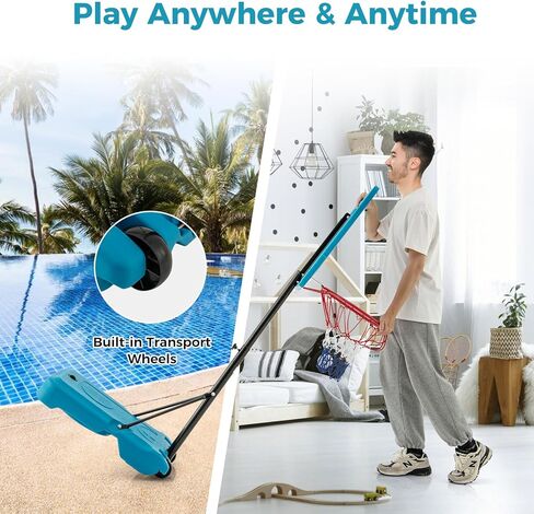 GYMAX Pool Basketball Hoop, Height Adjustable Swimming Pool Basketball Hoop Poolside with Fillable Base & Built-in Wheels for Kids Teens Adults in Saudi Arabia