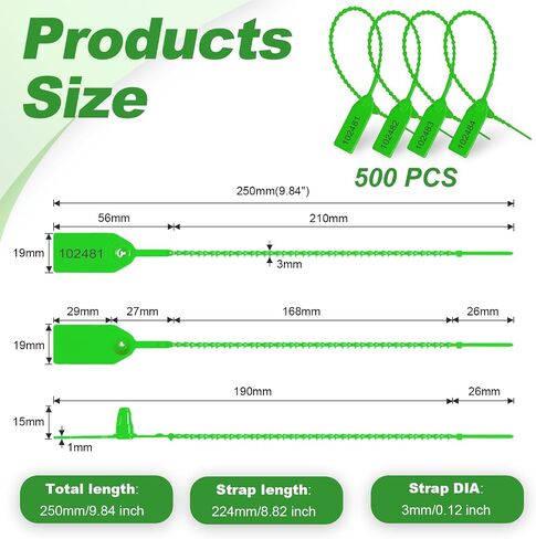 500 PCS Seals Tarning Tarning Seals Tarking Fire Fire Tags علامات أمنية مع علامات التعادل الرمز البريدي لافتات لافتات ذاتية القفل 250 مم (أخضر) in Kuwait