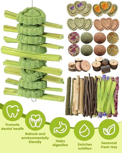 40PCS Rabbit Toys For Bunnies Boredom Basket for Small Pets, With 14PCS Replacement Pack Hanging Rodent Dental Toys with Papaya Stems Sweet Bamboo (Hamsters, Rabbits, Chinchillas, Guinea Pigs) in Kuwait