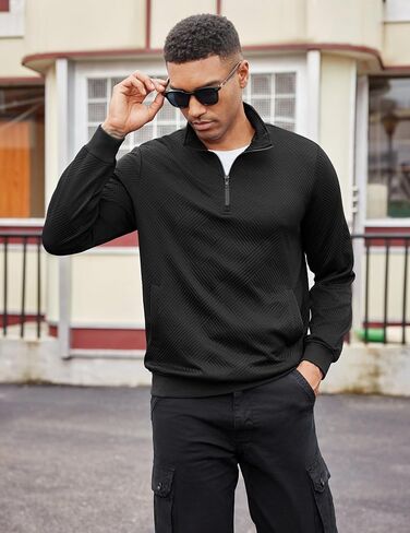 COOFANDY Mens Quarter Zip Pullover Casual Long Sleeve Quilted Sweatshirt Mock Neck Polo Sweater with Pocket in Saudi Arabia