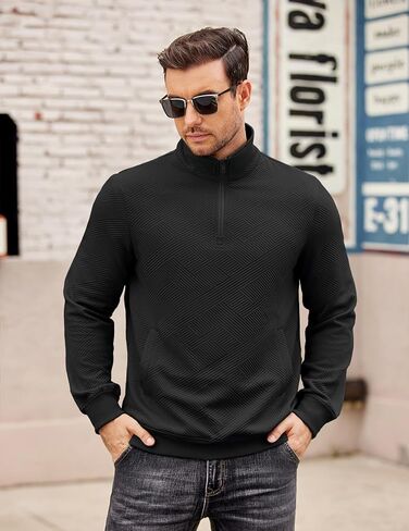 COOFANDY Mens Quarter Zip Pullover Casual Long Sleeve Quilted Sweatshirt Mock Neck Polo Sweater with Pocket in Saudi Arabia