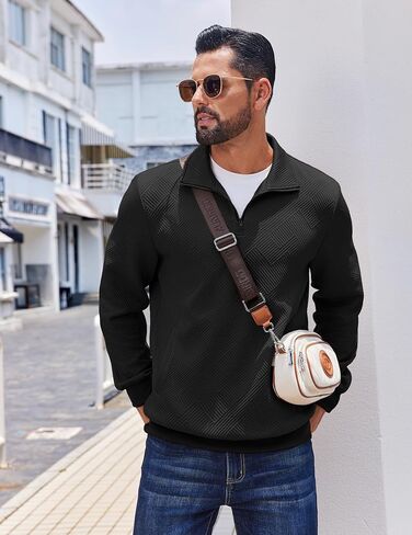 COOFANDY Mens Quarter Zip Pullover Casual Long Sleeve Quilted Sweatshirt Mock Neck Polo Sweater with Pocket in Saudi Arabia