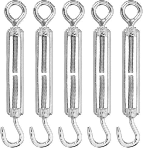 MECCANIXITY M5 Hook and Eye Turnbuckles for Cable Wire Rope Tension, 304 Stainless Steel Turnbuckle Adjustable for Shade Sail String Light Hanging Pack of 5 in Saudi Arabia