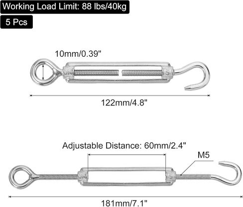 MECCANIXITY M5 Hook and Eye Turnbuckles for Cable Wire Rope Tension, 304 Stainless Steel Turnbuckle Adjustable for Shade Sail String Light Hanging Pack of 5 in Saudi Arabia