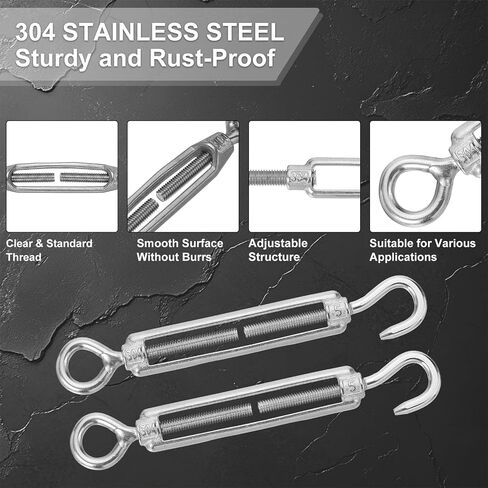 MECCANIXITY M5 Hook and Eye Turnbuckles for Cable Wire Rope Tension, 304 Stainless Steel Turnbuckle Adjustable for Shade Sail String Light Hanging Pack of 5 in Saudi Arabia