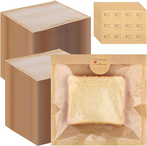 400Pcs Heat Sealable Bakery Bags with Window, 7.1x7.5 Inches Pastry Bags with Paper Stickers, Grease Resistant Kraft Cookie Bag for Donuts, Bakery Snacks, Sandwiches, Sandies in Saudi Arabia