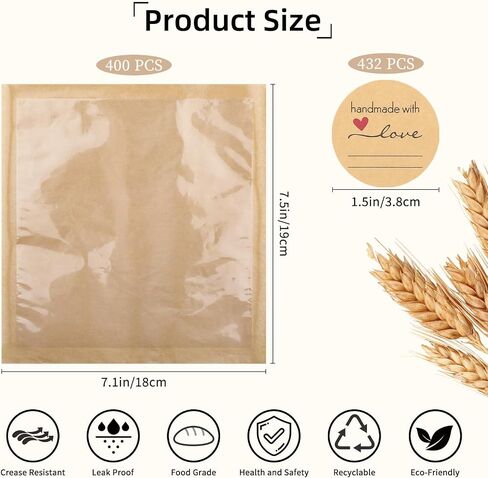 400Pcs Heat Sealable Bakery Bags with Window, 7.1x7.5 Inches Pastry Bags with Paper Stickers, Grease Resistant Kraft Cookie Bag for Donuts, Bakery Snacks, Sandwiches, Sandies in Saudi Arabia