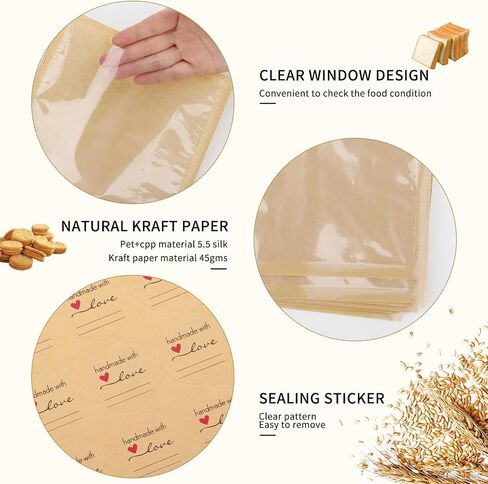 400Pcs Heat Sealable Bakery Bags with Window, 7.1x7.5 Inches Pastry Bags with Paper Stickers, Grease Resistant Kraft Cookie Bag for Donuts, Bakery Snacks, Sandwiches, Sandies in Saudi Arabia