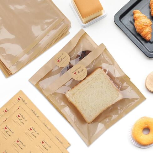 400Pcs Heat Sealable Bakery Bags with Window, 7.1x7.5 Inches Pastry Bags with Paper Stickers, Grease Resistant Kraft Cookie Bag for Donuts, Bakery Snacks, Sandwiches, Sandies in Saudi Arabia