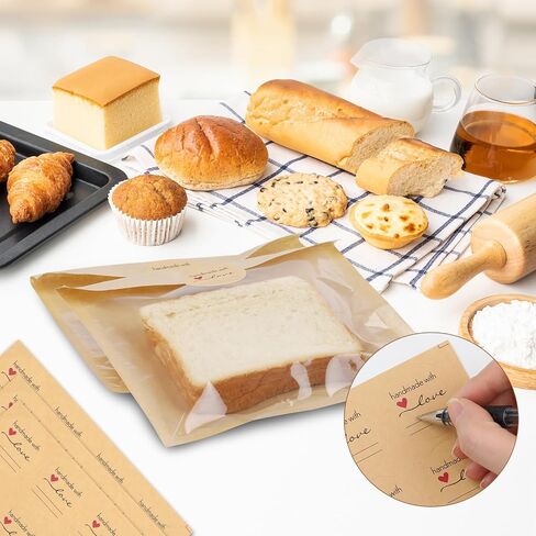400Pcs Heat Sealable Bakery Bags with Window, 7.1x7.5 Inches Pastry Bags with Paper Stickers, Grease Resistant Kraft Cookie Bag for Donuts, Bakery Snacks, Sandwiches, Sandies in Saudi Arabia