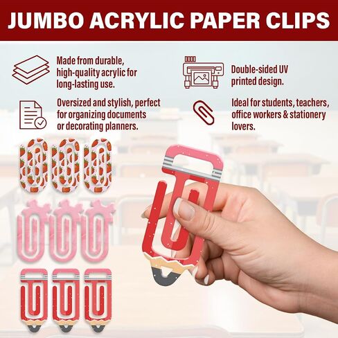 (9 Pcs) Acrylic Paper Clips Jumbo Paper Clips 4x2 Teacher Appreciation Gift, Back to School Supplies, 3 Designs for School Classroom Stationery Office, Home Decor, Gift for Book Lovers in Saudi Arabia