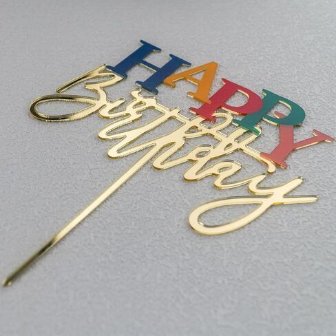 أكريليك الذهب كعكة عيد ميلاد سعيد أعلى ، 7.5 "× 6" ديكور كعكة عيد ميلاد قوس قزح (الذهب) in Kuwait