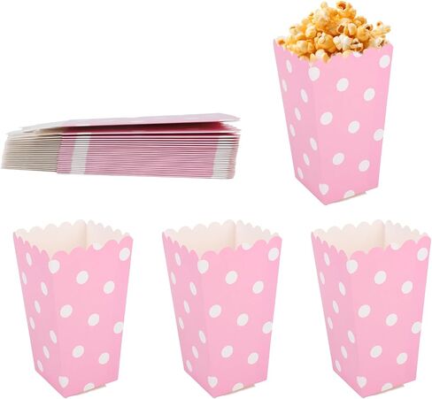 24pcs صناديق الفشار الوردي اللطيف ، حاويات دلاء الفشار من الورق المقوى المصغرة مع أكواب البولكا البيضاء حقائب علاجية وعاء ملحقات الذرة البوب ​​الصغيرة لمستلزمات الحفلات. in Kuwait