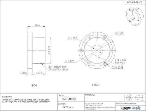 Type SK SK118 Sure-Grip Bushing, Inch, 1.125" Bore, 2.8125" OD, 1.87" Length, 7000 lbs/in Torque, Standard Design, Standard Keyway in Saudi Arabia