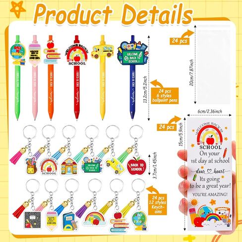 24 Set Back to School Student Gifts Bulk Ballpoint Pens Keychains and Greeting Cards Set First Day of School Gifts for Teacher Classroom Rewards Party Favors in Saudi Arabia