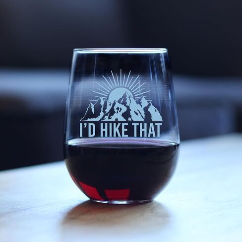 I'd Hike That - Stemless Wine Glass - Cool Hiking Themed Decor and Gifts for Mountain Lovers - Large 17 Oz Glasses in Saudi Arabia