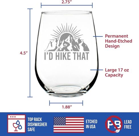 I'd Hike That - Stemless Wine Glass - Cool Hiking Themed Decor and Gifts for Mountain Lovers - Large 17 Oz Glasses in Saudi Arabia