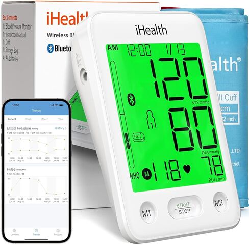 iHealth Accu Luminate Arm Blood Pressure Monitor – 4.5" Large Tri-Color WHO-Based LCD, Clinically Validated Accuracy, Irregular Heartbeat Alert, Bluetooth Cloud Sync, Adjustable Large 8.6"–17" Cuff in Kuwait