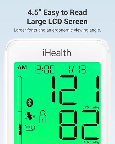 iHealth Accu Luminate Arm Blood Pressure Monitor – 4.5" Large Tri-Color WHO-Based LCD, Clinically Validated Accuracy, Irregular Heartbeat Alert, Bluetooth Cloud Sync, Adjustable Large 8.6"–17" Cuff in Kuwait