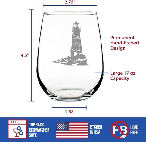 Lighthouse Stemless Wine Glass - Nautical Themed Decor and Gifts for Beach Lovers - Large 17 Oz Glasses in Kuwait