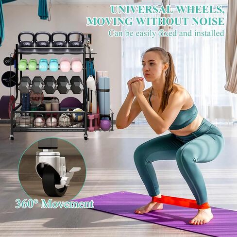 Rack Dummbell ، رف الوزن لـ kettlebells ، حامل التخزين لليوغا ومعدات التمرين ، رف تخزين الصالة الرياضية المنزلية مع عجلات وخطافات وأعلى شبكة in Saudi Arabia