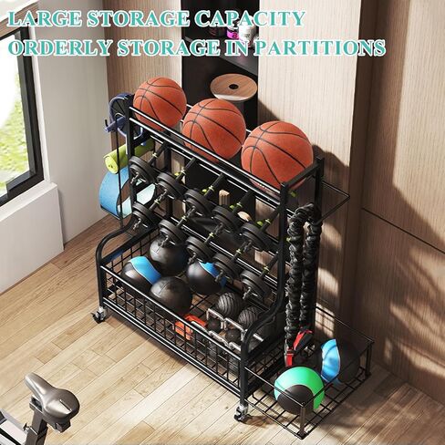 Rack Dummbell ، رف الوزن لـ kettlebells ، حامل التخزين لليوغا ومعدات التمرين ، رف تخزين الصالة الرياضية المنزلية مع عجلات وخطافات وأعلى شبكة in Saudi Arabia