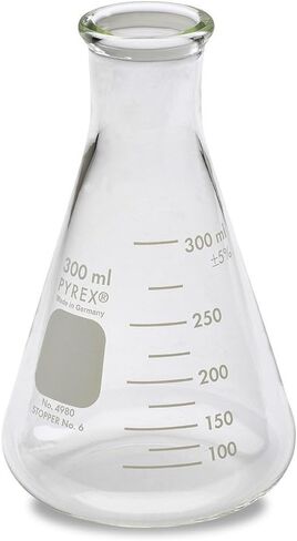 Corning 4980-300 Pyrex Narrow Mouth Erlenmeyer Flask with Heavy Duty Rim, 100 mL capacity-300 mL Capacity Graduation Range, Rubber Stopper Number 6, 89 mm Diameter in Saudi Arabia