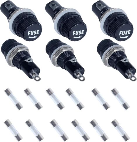 6 Pcs Panel Mounted Fuse Holder 5x20mm 250VAC 10A/125VAC 15A Black Screw Cap Fuse Holder, and 12Pcs(10A+15A) Fast Blowing Glass Tube fuses in Kuwait