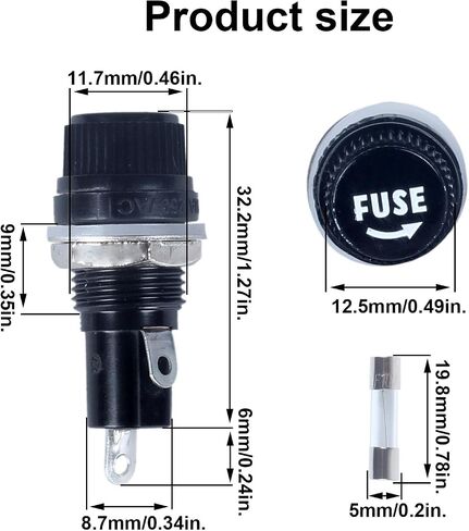 6 Pcs Panel Mounted Fuse Holder 5x20mm 250VAC 10A/125VAC 15A Black Screw Cap Fuse Holder, and 12Pcs(10A+15A) Fast Blowing Glass Tube fuses in Kuwait