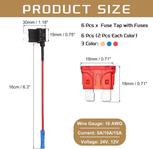 Dmiotech Fuse Tap 24V 12V Car Add a Circuit Adapter Blade Fuse Taps Kit 5A ، 10A ، 15A Medium for Automotive Trucks Marine ، 6pcs 3 Color in Kuwait