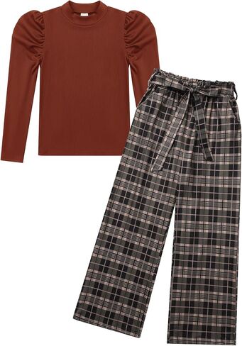 Hotfiary Girls 2 قطعة ملابس نفخة قمم قمم متماسكة مضلعة وملابس ملابس عريضة الساق in Kuwait