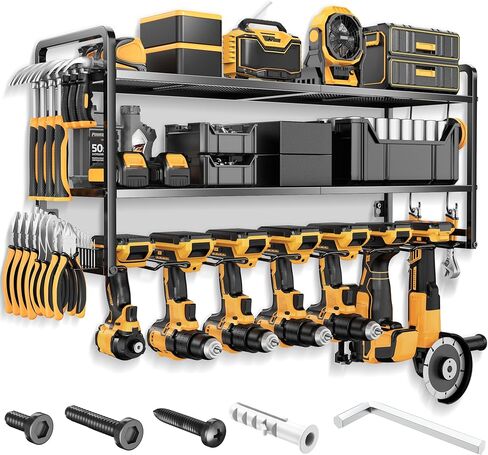 LBT Power Tool Organizer Wall Mount - 3 Layer Heavy Duty Tool Storage Rack with 7 Cordless Drill Holders, Loads 160Lbs Utility Rack for Garage, Workshop, Shed - Cool Gifts for Men, Dad, Husband in Saudi Arabia