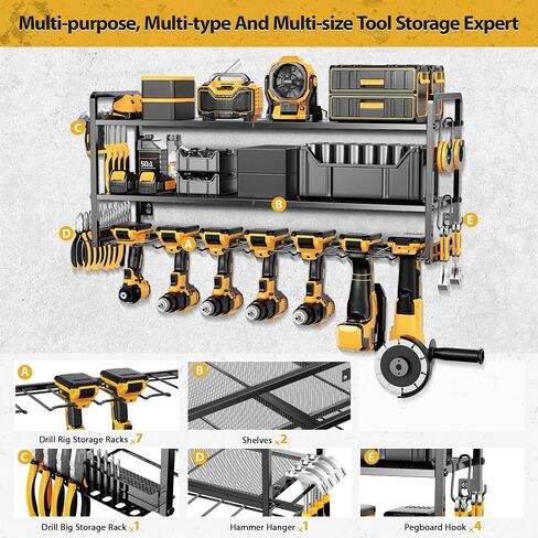 LBT Power Tool Organizer Wall Mount - 3 Layer Heavy Duty Tool Storage Rack with 7 Cordless Drill Holders, Loads 160Lbs Utility Rack for Garage, Workshop, Shed - Cool Gifts for Men, Dad, Husband in Saudi Arabia