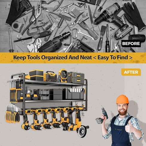 LBT Power Tool Organizer Wall Mount - 3 Layer Heavy Duty Tool Storage Rack with 7 Cordless Drill Holders, Loads 160Lbs Utility Rack for Garage, Workshop, Shed - Cool Gifts for Men, Dad, Husband in Saudi Arabia
