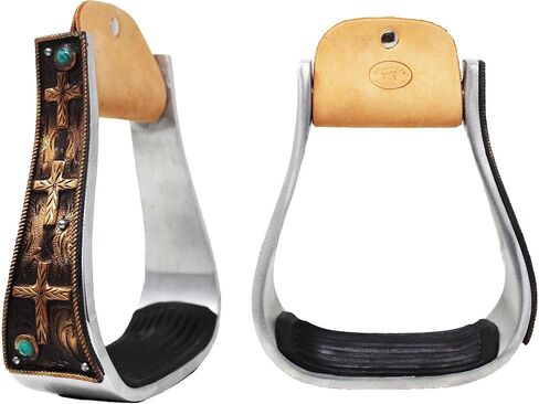 Horse Western 5" Wide Barrel Racer Aluminum Copper Cross Engraved Show Stirrups 51233 in Saudi Arabia