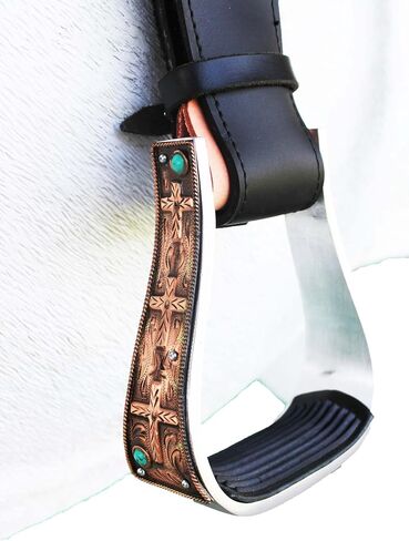 Horse Western 5" Wide Barrel Racer Aluminum Copper Cross Engraved Show Stirrups 51233 in Saudi Arabia