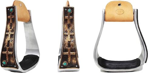 Horse Western 5" Wide Barrel Racer Aluminum Copper Cross Engraved Show Stirrups 51233 in Saudi Arabia